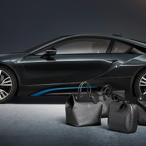 The tailor-made Louis Vuitton luggage set for the BMW i8 made from carbon  fibre: small “Weekender PM i8“, big “Weekender GM i8“, hardshell “Business  Case i8“,”Garment Bag i8“. (08/2014)