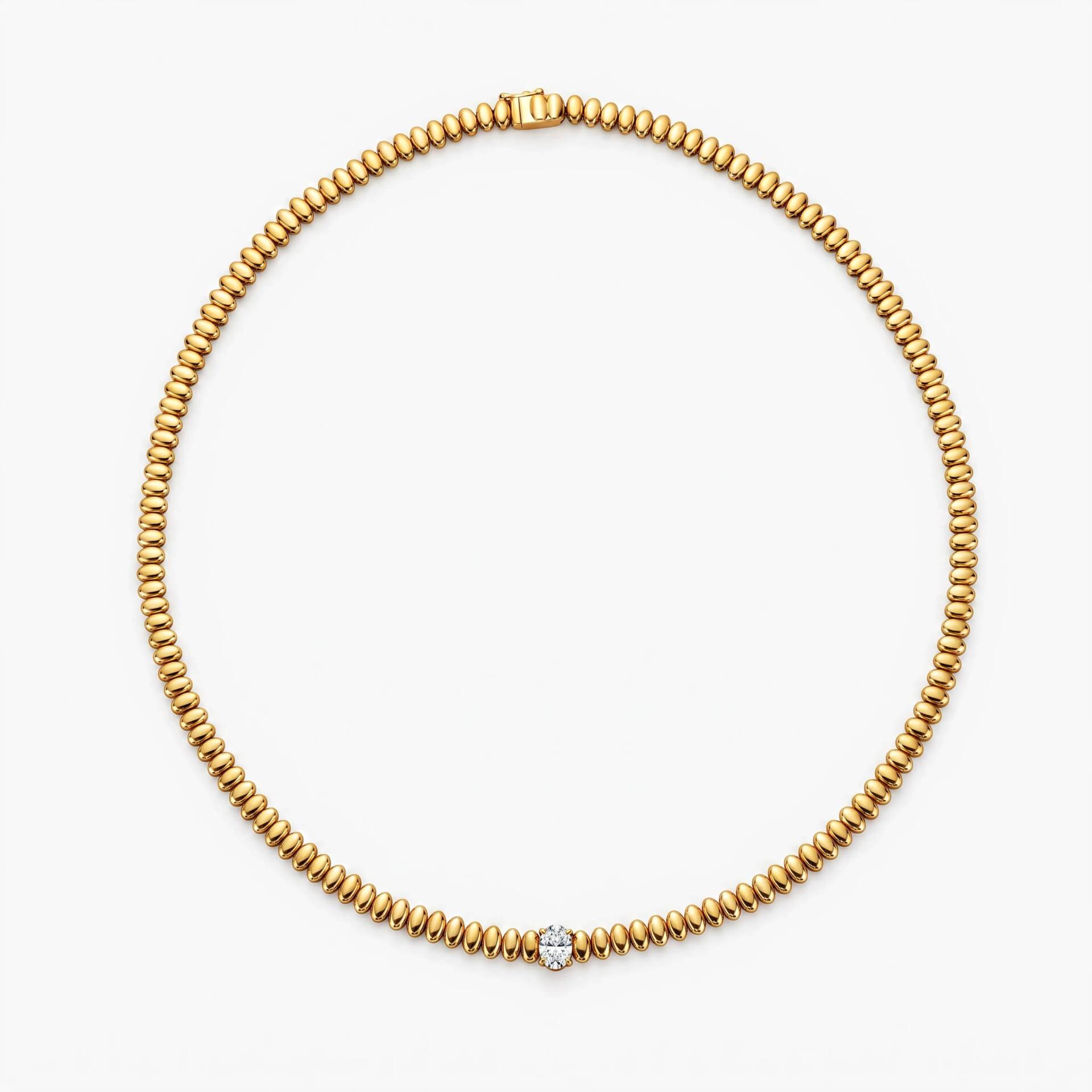 Yellow gold tennis necklace made of solid paillettes with one natural white diamond.